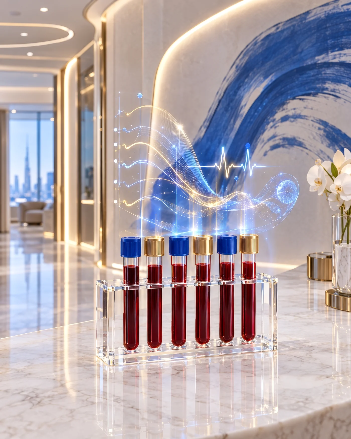 Blood-sample tubes on a marble counter with a hologram of biomarker curves