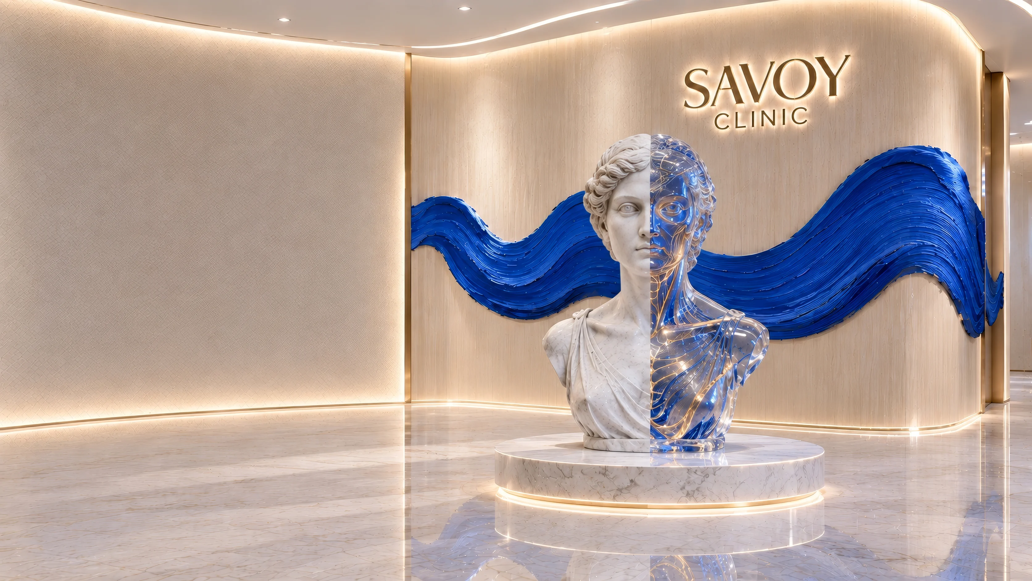 A marble bust at Savoy Clinic turning into crystal and light - art meets science
