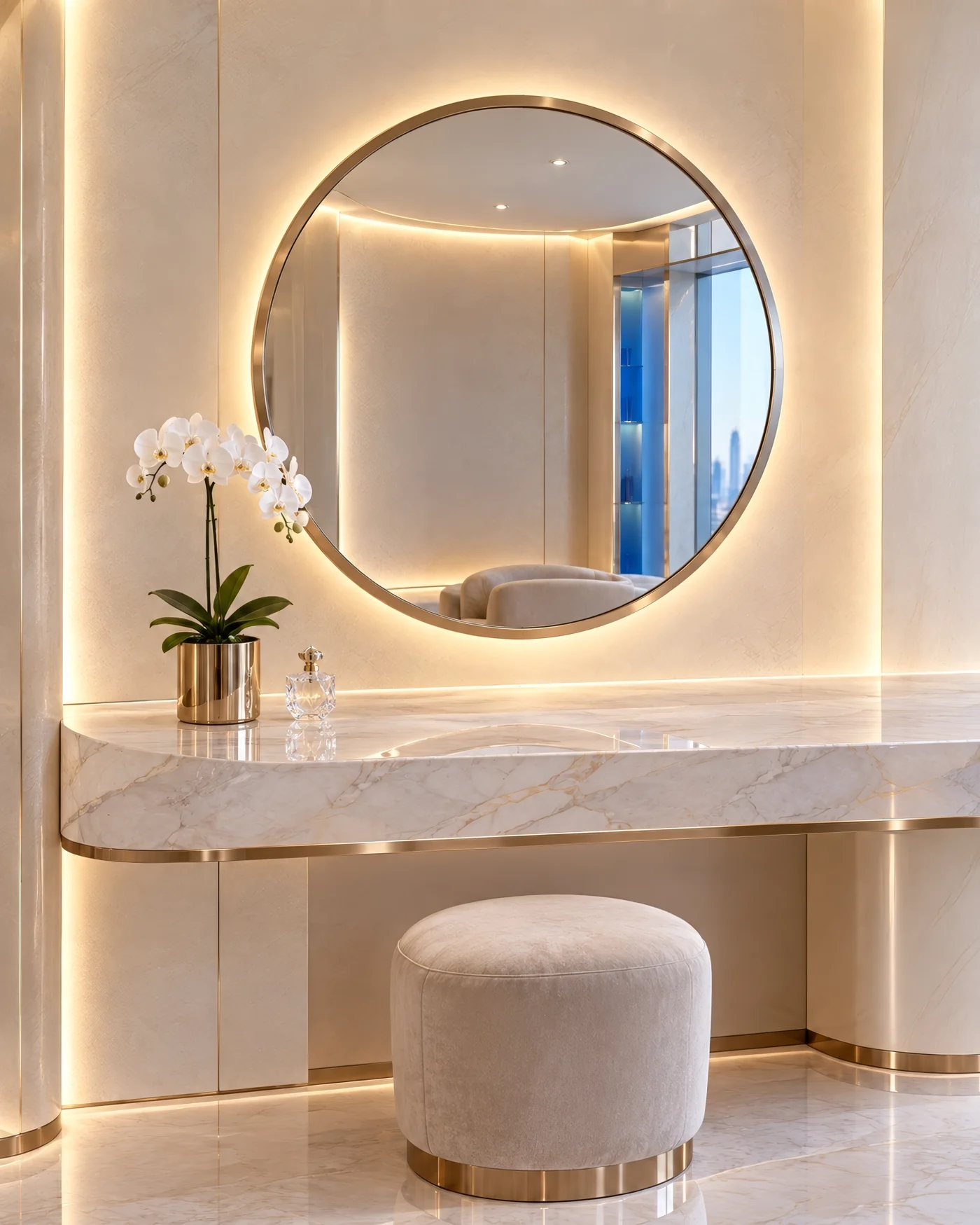 A backlit round mirror above a marble counter with a white orchid