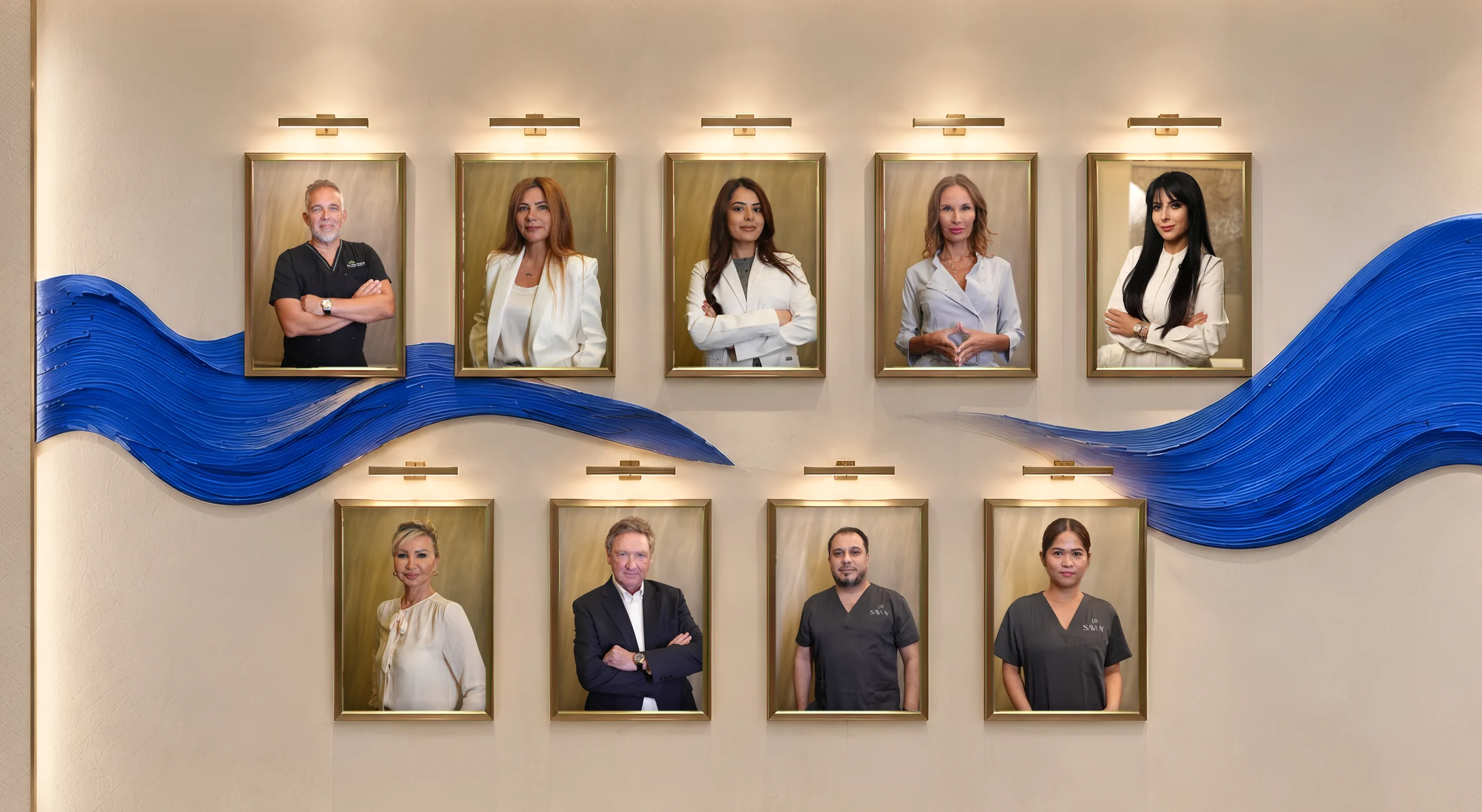 The Savoy team: nine studio portraits in bronze frames on the gallery wall