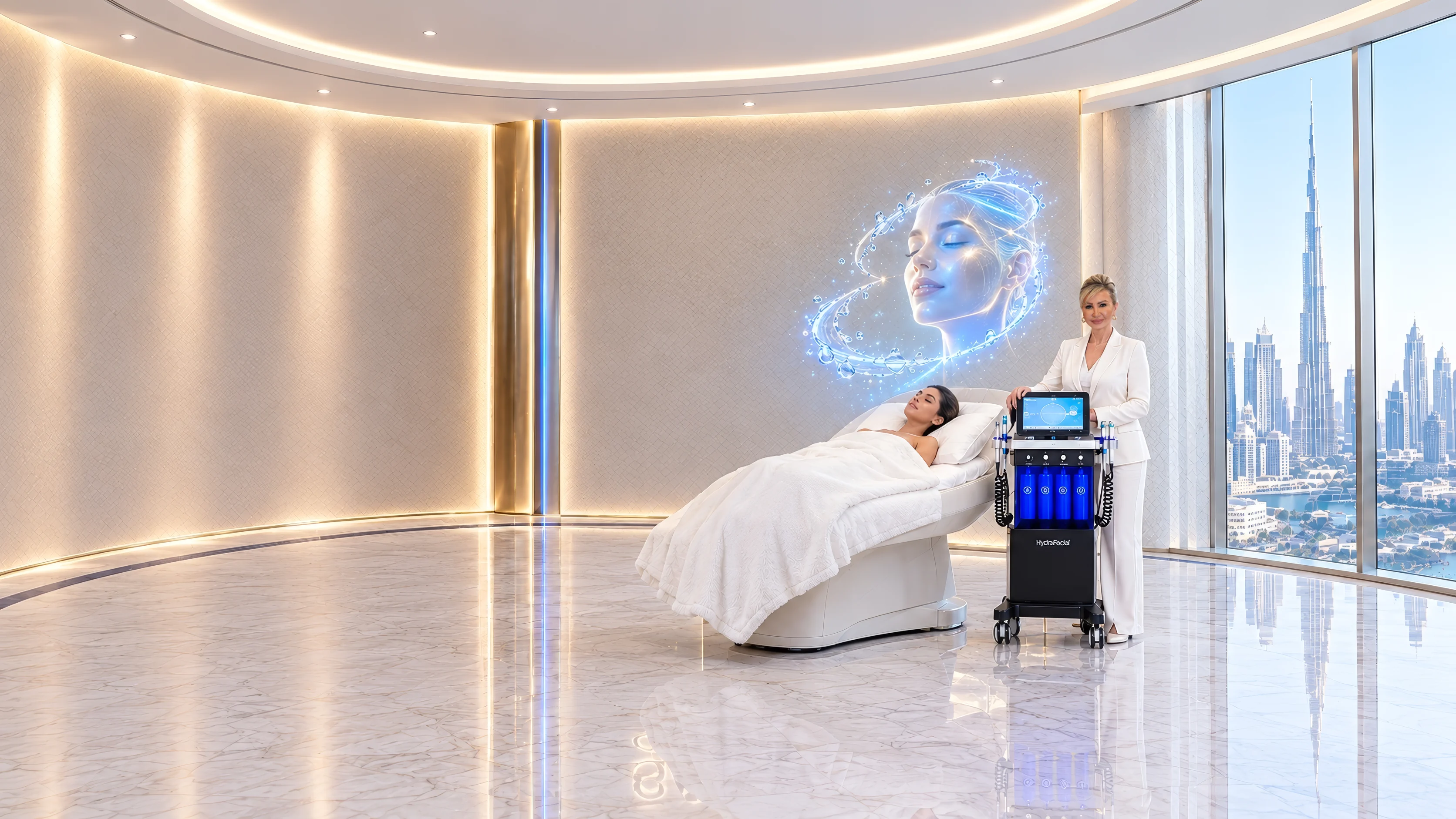 Isabelle Agbon on the stage beside HydraFacial